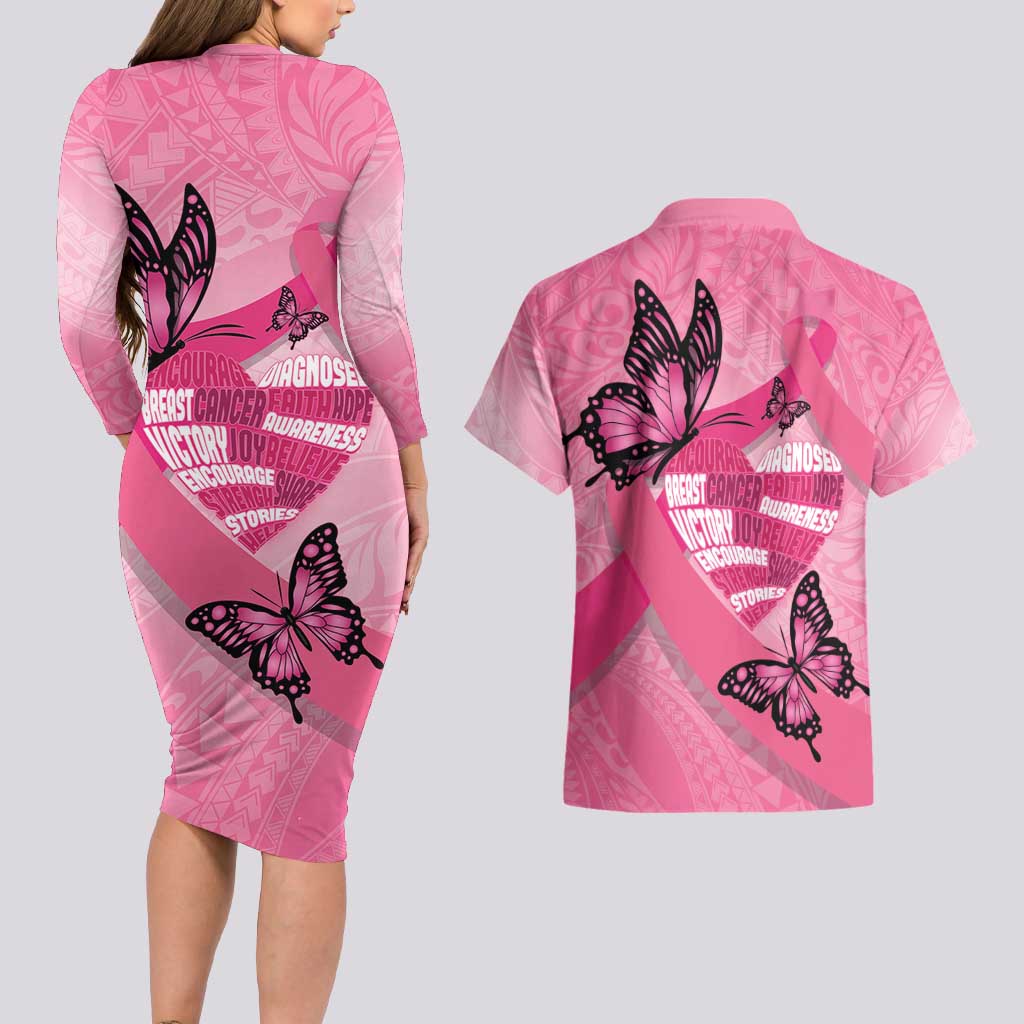 Polynesia Breast Cancer Awareness Month Couples Matching Long Sleeve Bodycon Dress and Hawaiian Shirt Pink Ribbon Mix Butterflies