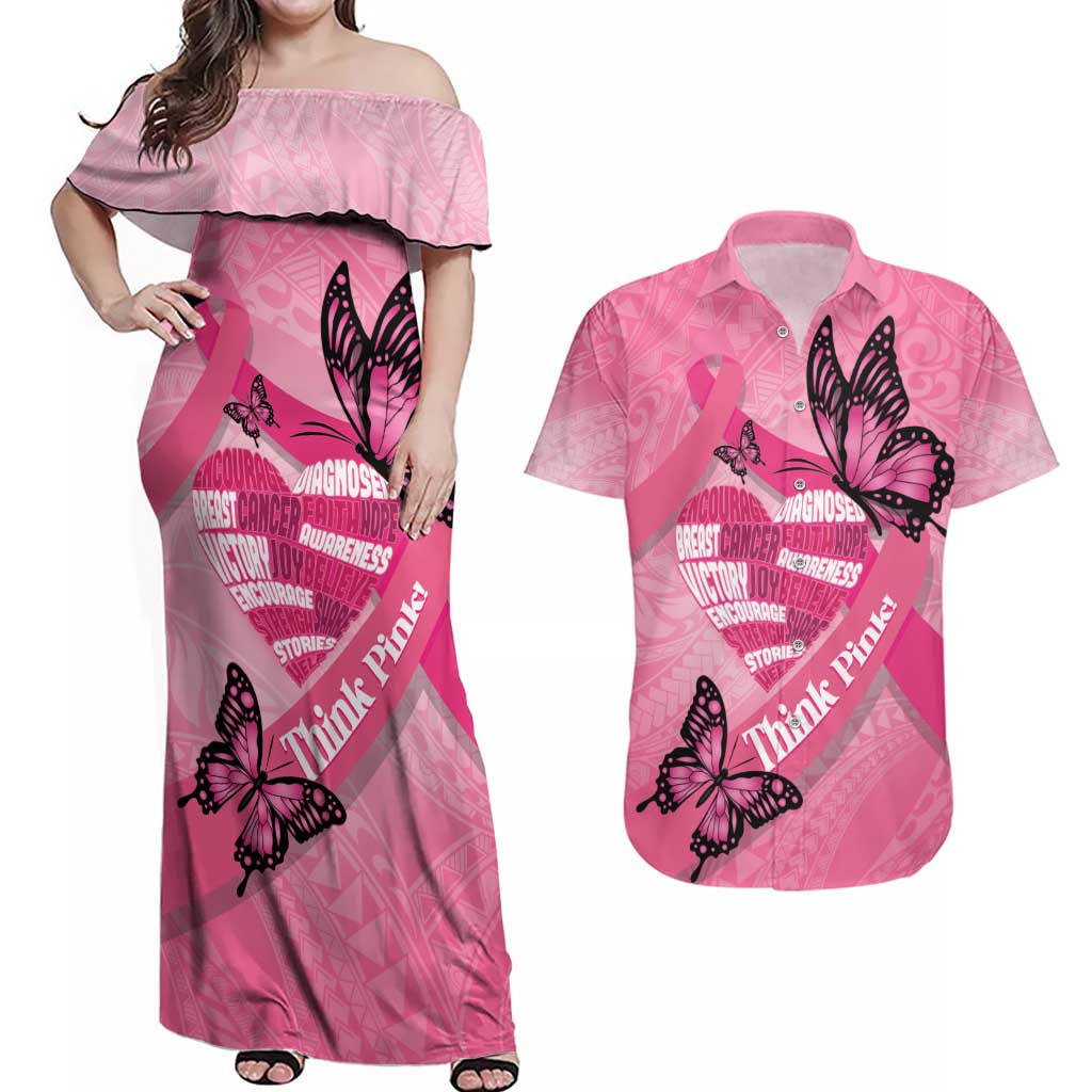 Polynesia Breast Cancer Awareness Month Couples Matching Off Shoulder Maxi Dress and Hawaiian Shirt Pink Ribbon Mix Butterflies
