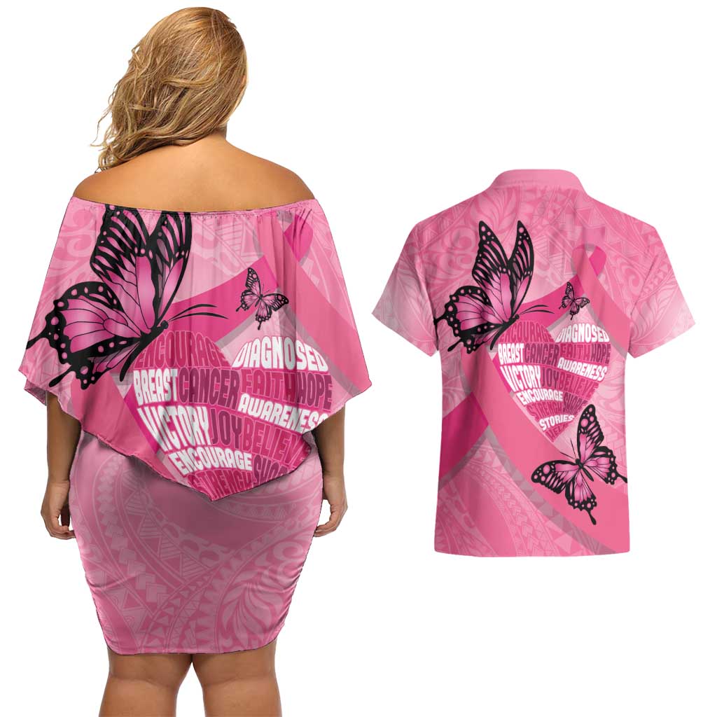 Polynesia Breast Cancer Awareness Month Couples Matching Off Shoulder Short Dress and Hawaiian Shirt Pink Ribbon Mix Butterflies
