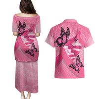 Polynesia Breast Cancer Awareness Month Couples Matching Puletasi and Hawaiian Shirt Pink Ribbon Mix Butterflies