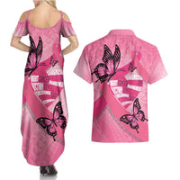 Polynesia Breast Cancer Awareness Month Couples Matching Summer Maxi Dress and Hawaiian Shirt Pink Ribbon Mix Butterflies