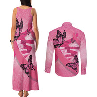 Polynesia Breast Cancer Awareness Month Couples Matching Tank Maxi Dress and Long Sleeve Button Shirt Pink Ribbon Mix Butterflies