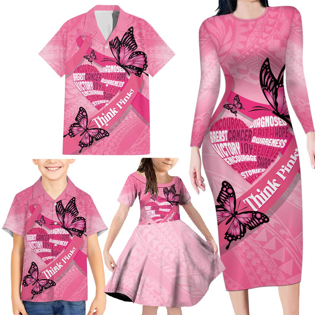 Polynesia Breast Cancer Awareness Month Family Matching Long Sleeve Bodycon Dress and Hawaiian Shirt Pink Ribbon Mix Butterflies