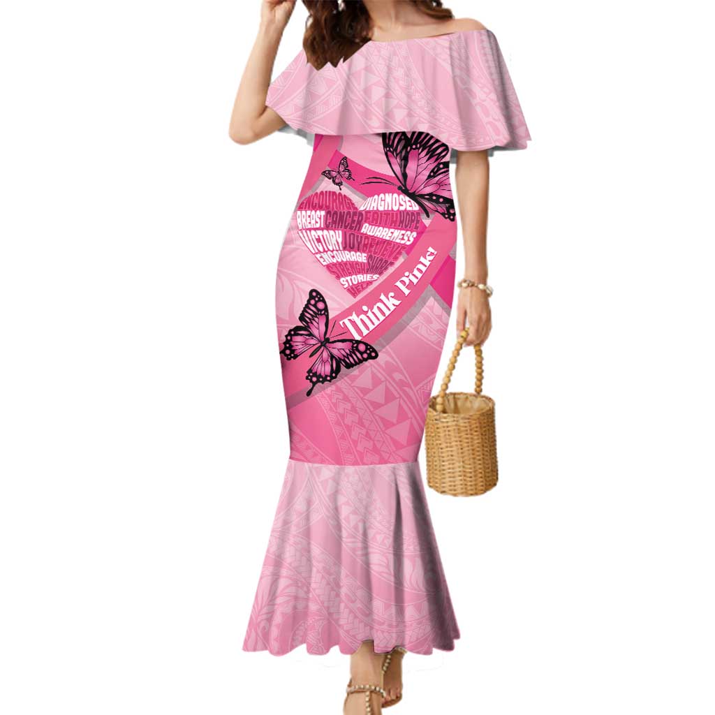 Polynesia Breast Cancer Awareness Month Family Matching Mermaid Dress and Hawaiian Shirt Pink Ribbon Mix Butterflies