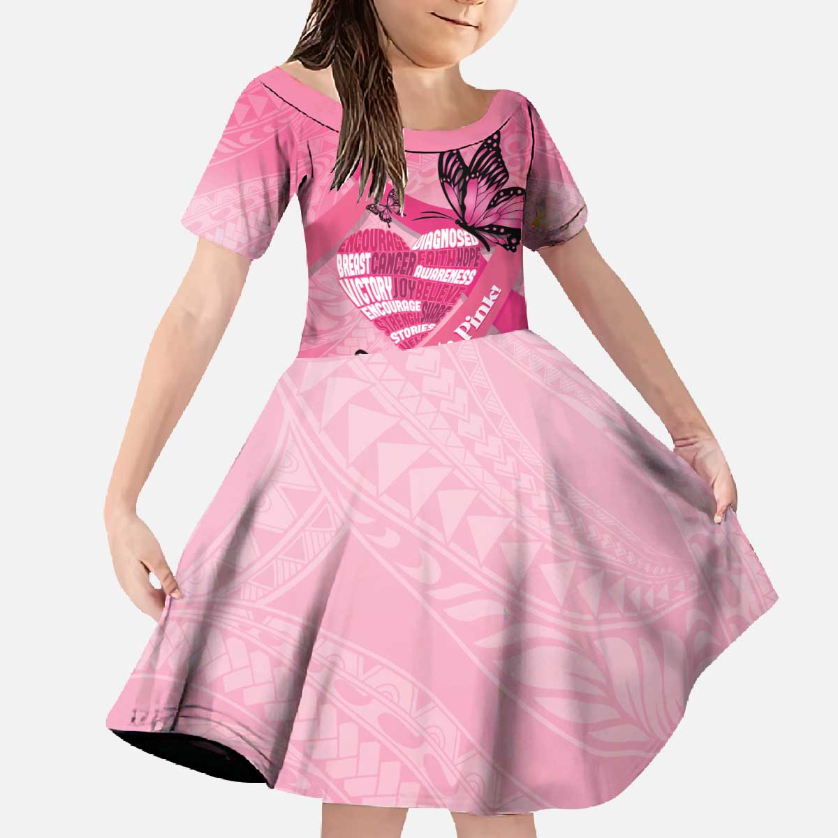 Polynesia Breast Cancer Awareness Month Family Matching Off The Shoulder Long Sleeve Dress and Hawaiian Shirt Pink Ribbon Mix Butterflies