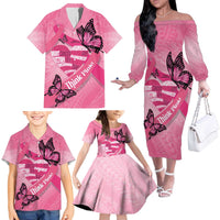 Polynesia Breast Cancer Awareness Month Family Matching Off The Shoulder Long Sleeve Dress and Hawaiian Shirt Pink Ribbon Mix Butterflies