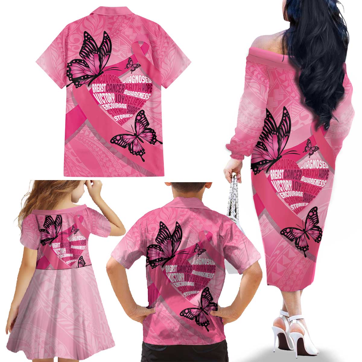 Polynesia Breast Cancer Awareness Month Family Matching Off The Shoulder Long Sleeve Dress and Hawaiian Shirt Pink Ribbon Mix Butterflies