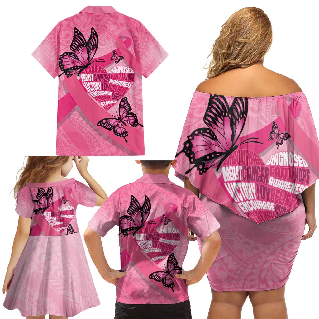 Polynesia Breast Cancer Awareness Month Family Matching Off Shoulder Short Dress and Hawaiian Shirt Pink Ribbon Mix Butterflies