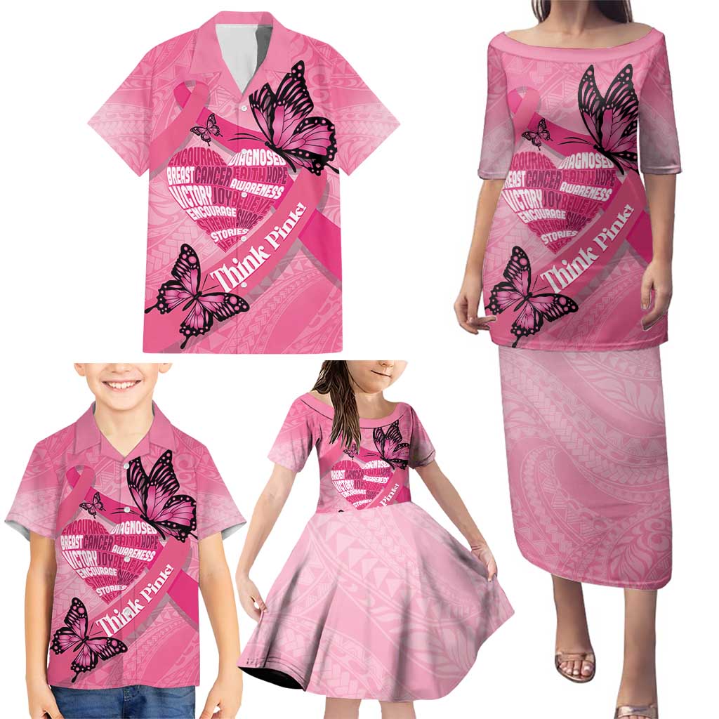Polynesia Breast Cancer Awareness Month Family Matching Puletasi and Hawaiian Shirt Pink Ribbon Mix Butterflies