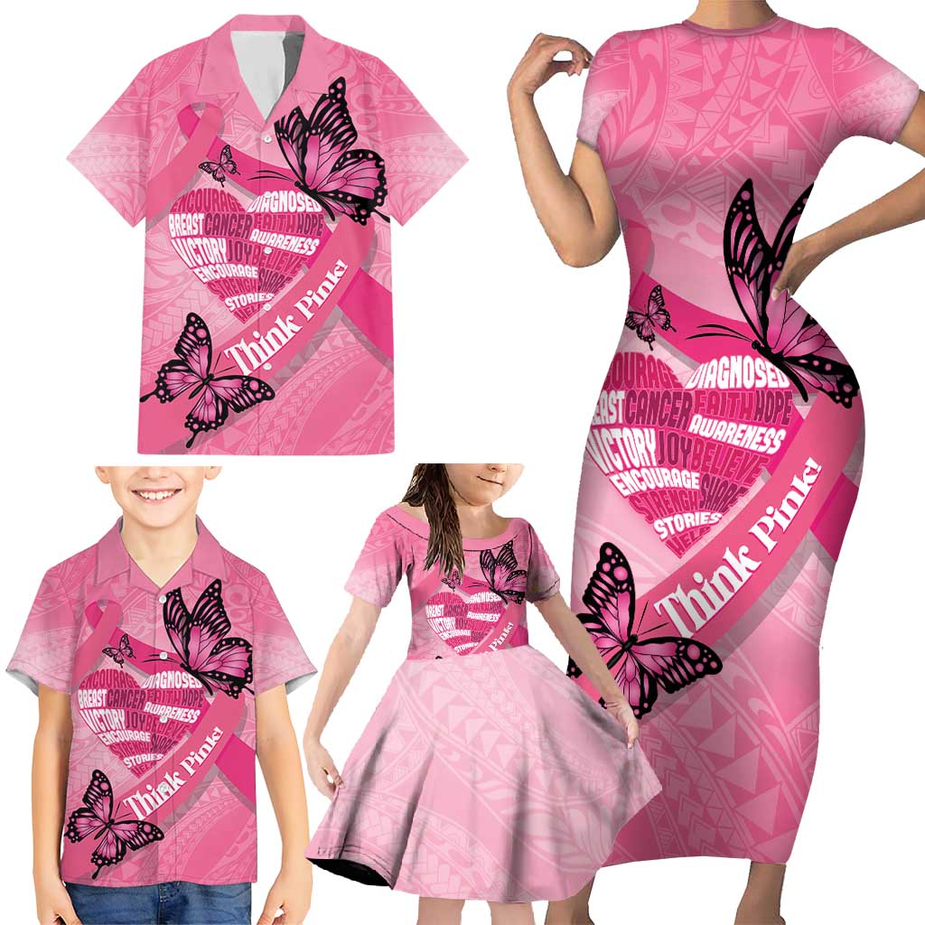 Polynesia Breast Cancer Awareness Month Family Matching Short Sleeve Bodycon Dress and Hawaiian Shirt Pink Ribbon Mix Butterflies