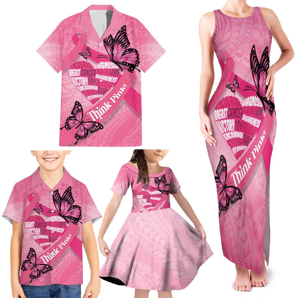 Polynesia Breast Cancer Awareness Month Family Matching Tank Maxi Dress and Hawaiian Shirt Pink Ribbon Mix Butterflies