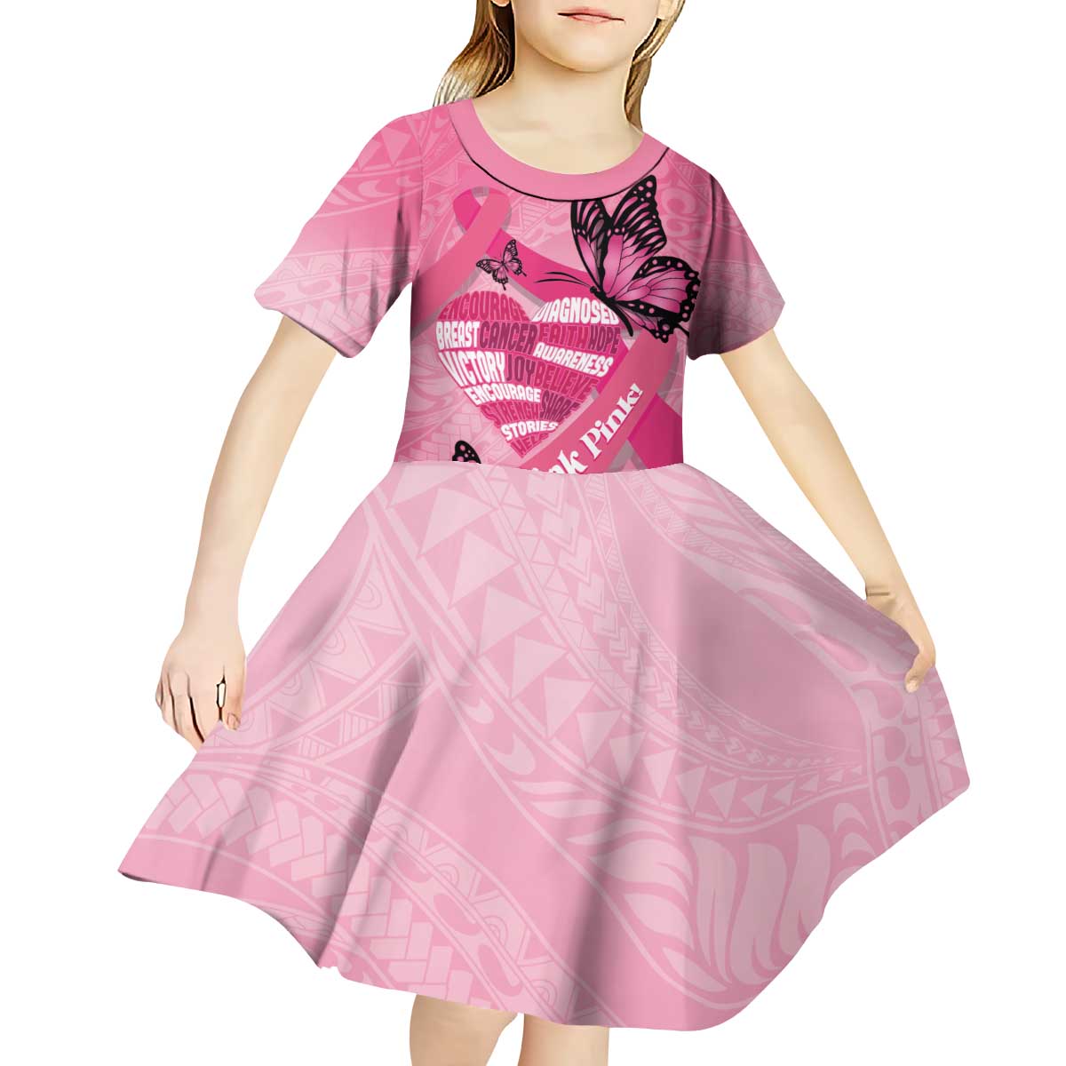 Polynesia Breast Cancer Awareness Month Kid Short Sleeve Dress Pink Ribbon Mix Butterflies