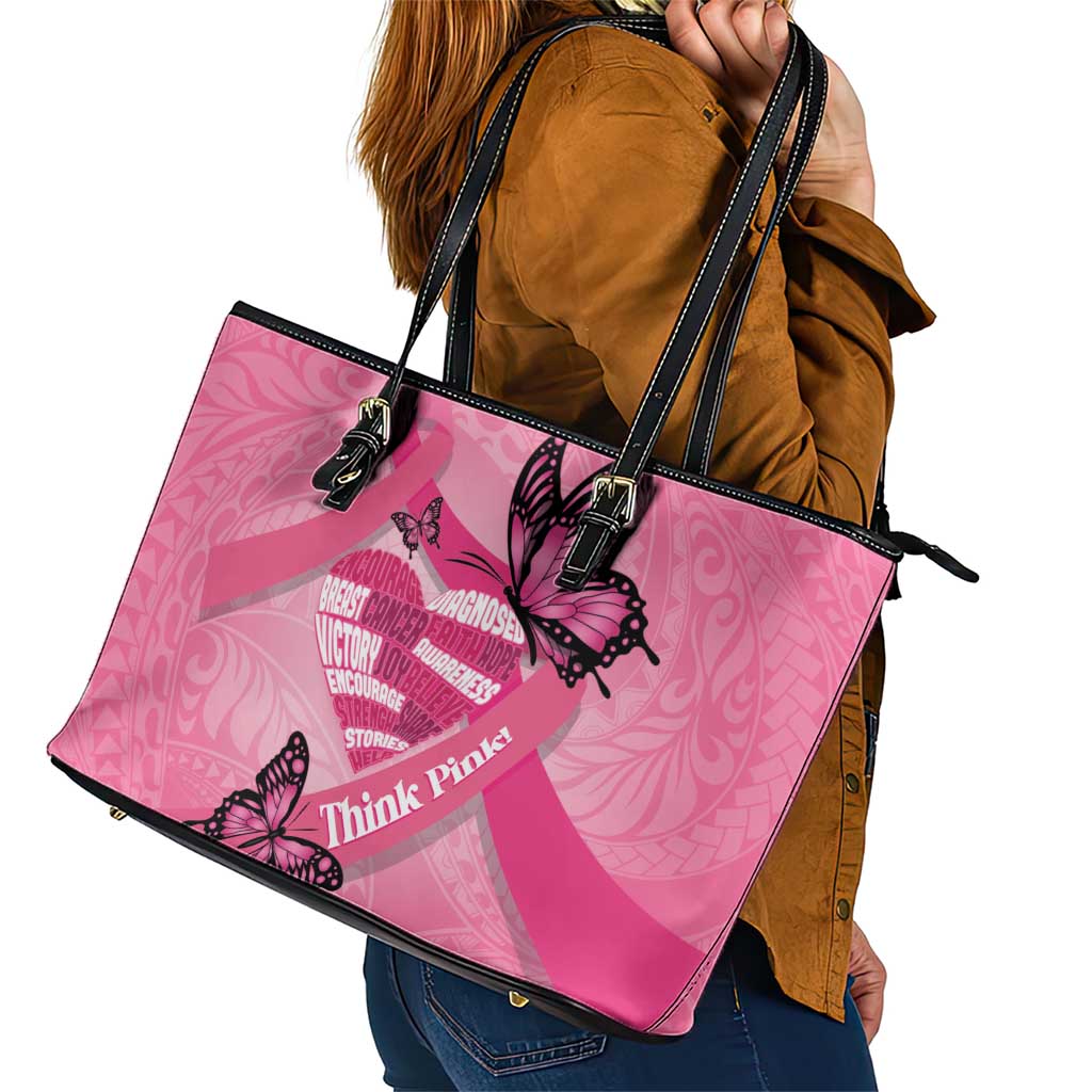 Polynesia Breast Cancer Awareness Month Leather Tote Bag Pink Ribbon Mix Butterflies