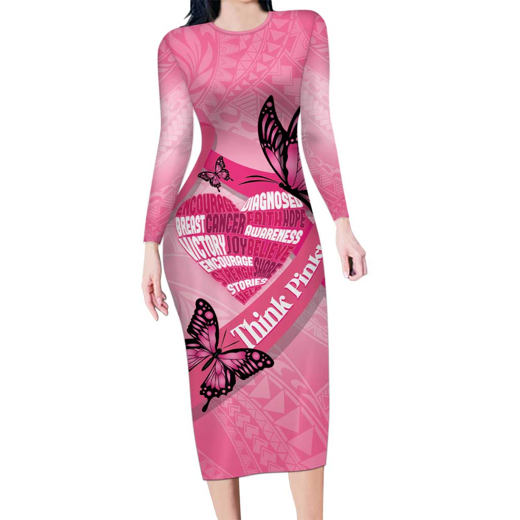 Polynesia Breast Cancer Awareness Month Long Sleeve Bodycon Dress Pink Ribbon Mix Butterflies