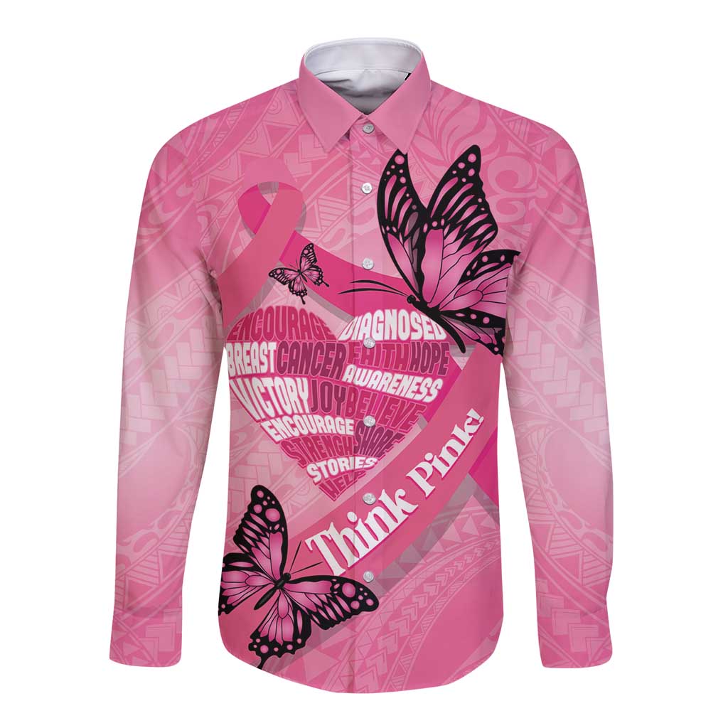 Polynesia Breast Cancer Awareness Month Long Sleeve Button Shirt Pink Ribbon Mix Butterflies