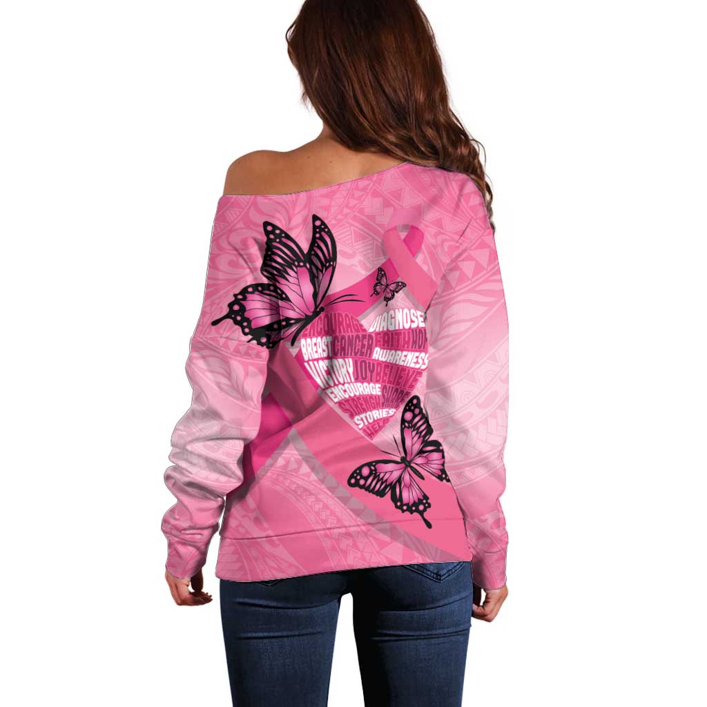 Polynesia Breast Cancer Awareness Month Off Shoulder Sweater Pink Ribbon Mix Butterflies