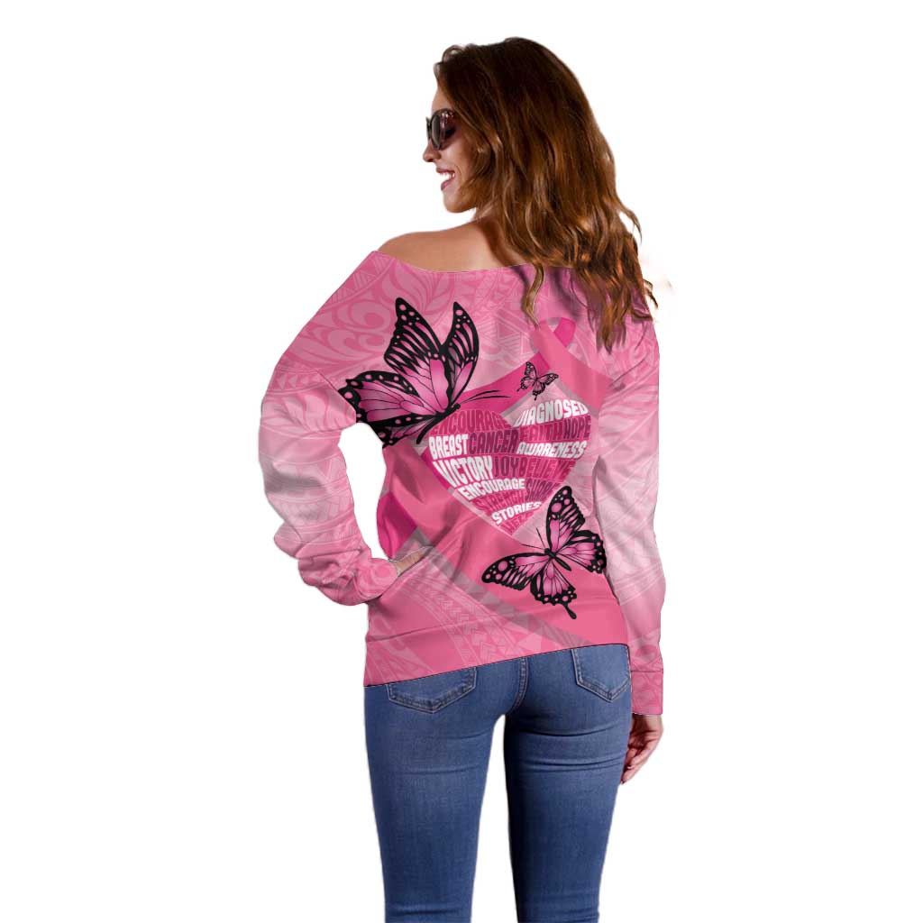 Polynesia Breast Cancer Awareness Month Off Shoulder Sweater Pink Ribbon Mix Butterflies