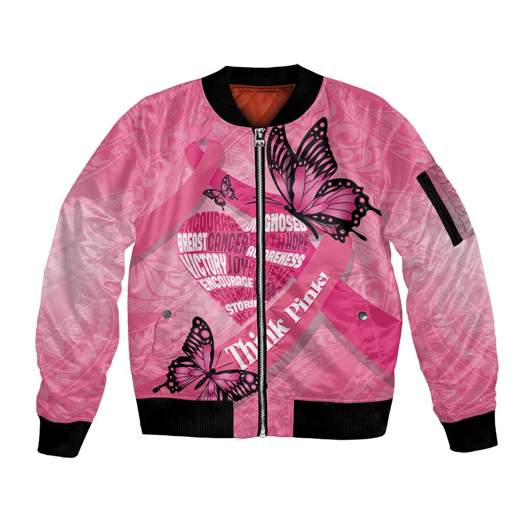 Polynesia Breast Cancer Awareness Month Sleeve Zip Bomber Jacket Pink Ribbon Mix Butterflies