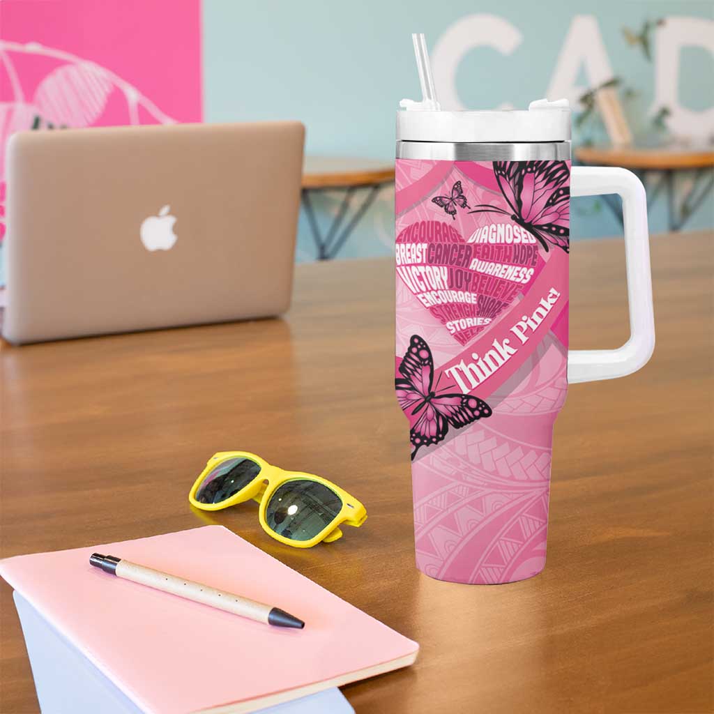 Polynesia Breast Cancer Awareness Month Tumbler With Handle Pink Ribbon Mix Butterflies