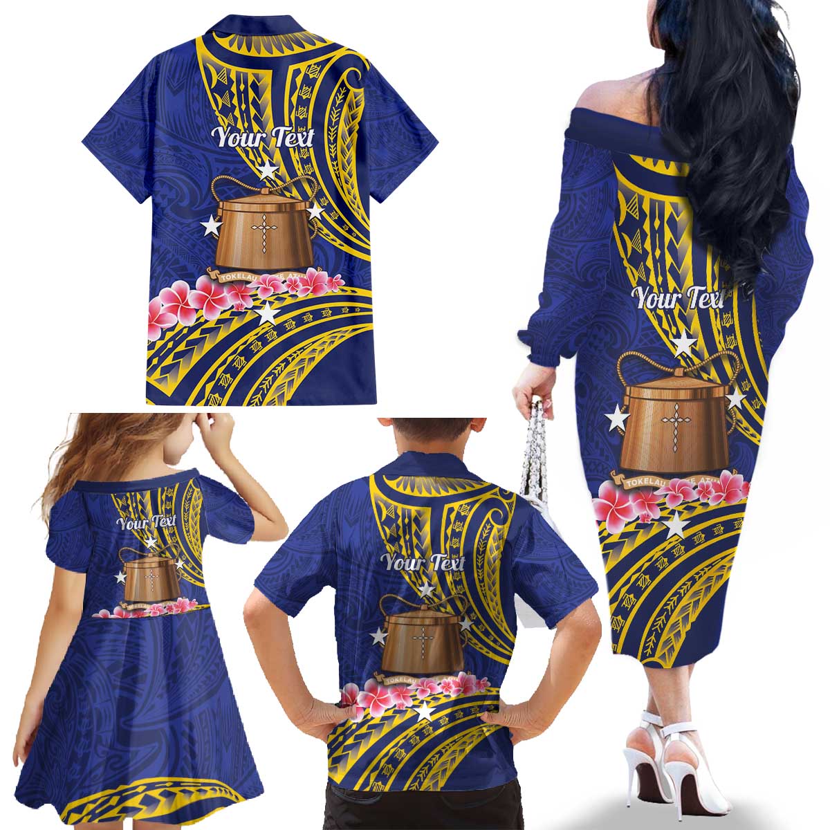 Personalised Tokelau Tokehega Day Family Matching Off The Shoulder Long Sleeve Dress and Hawaiian Shirt Tokelauan Tatau Flag Color - Polynesian Pride