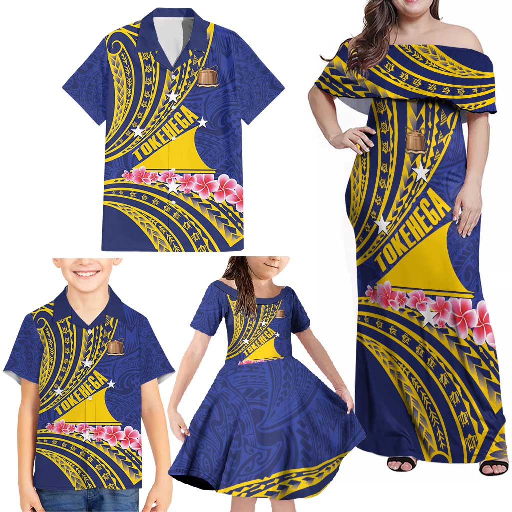Personalised Tokelau Tokehega Day Family Matching Off Shoulder Maxi Dress and Hawaiian Shirt Tokelauan Tatau Flag Color - Polynesian Pride