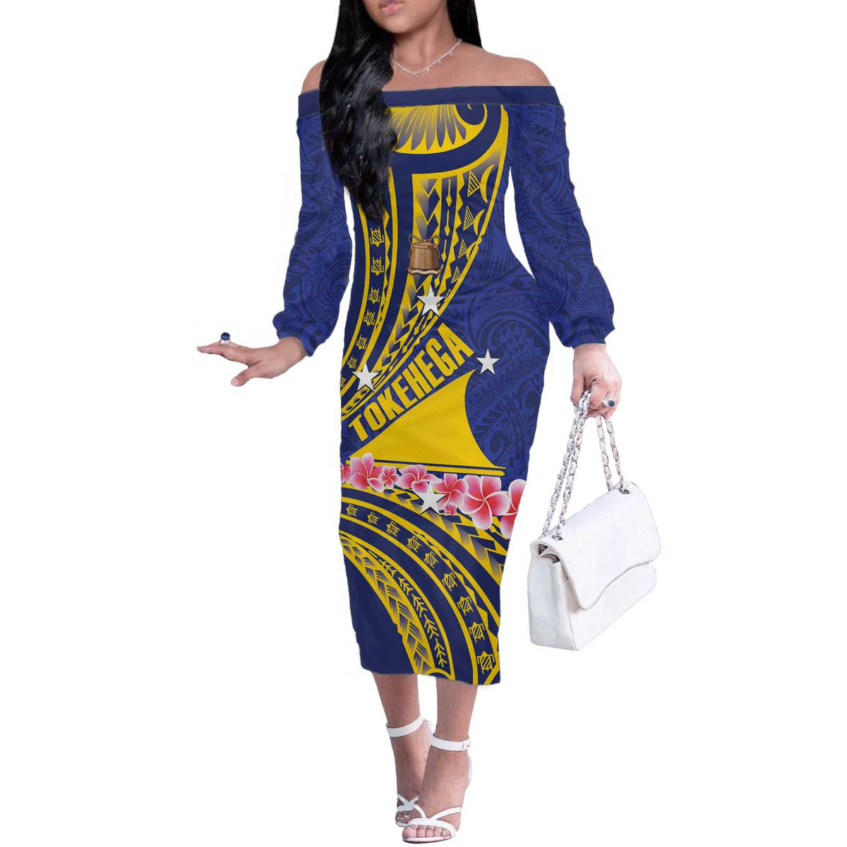 Personalised Tokelau Tokehega Day Off The Shoulder Long Sleeve Dress Tokelauan Tatau Flag Color - Polynesian Pride