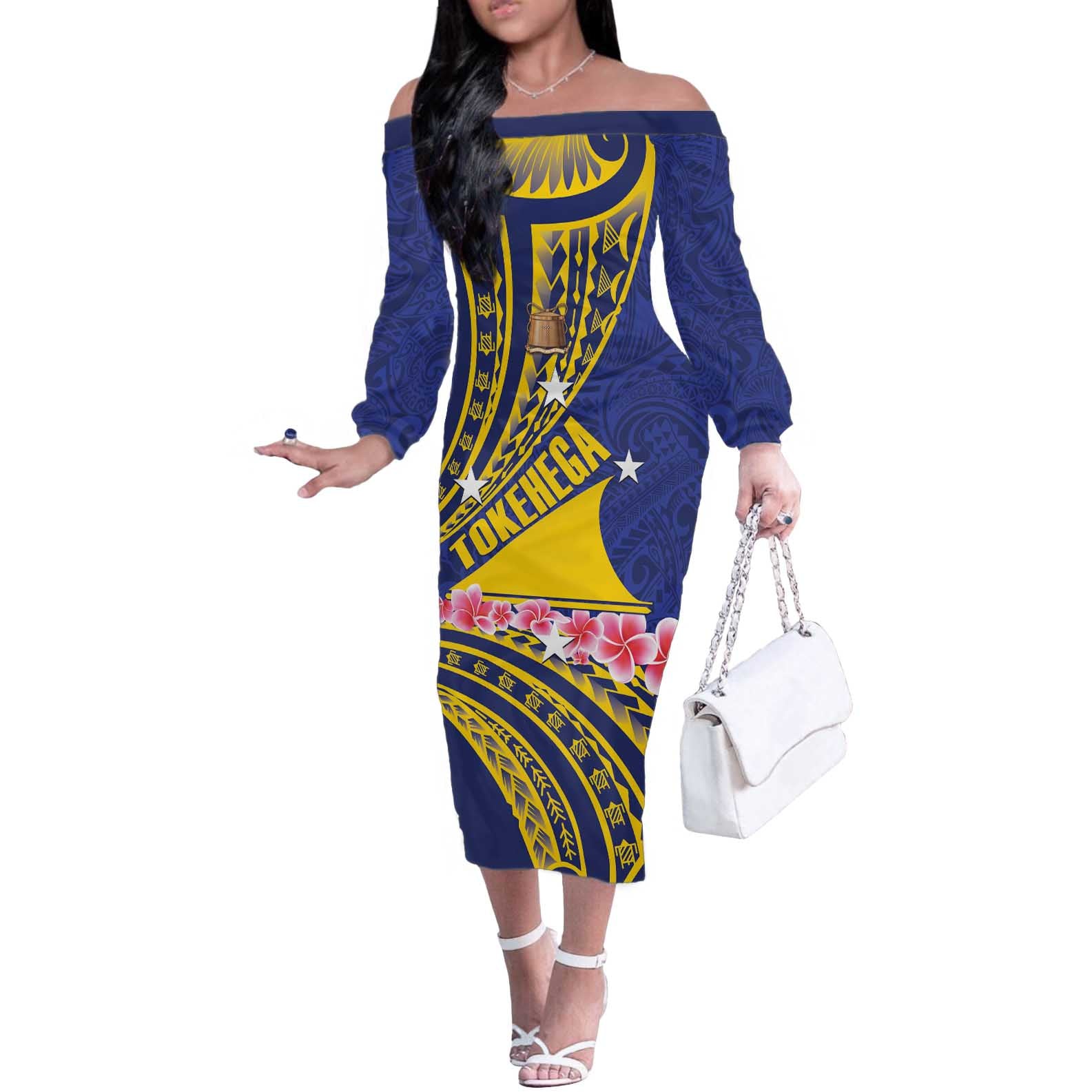 Personalised Tokelau Tokehega Day Off The Shoulder Long Sleeve Dress Tokelauan Tatau Flag Color - Polynesian Pride