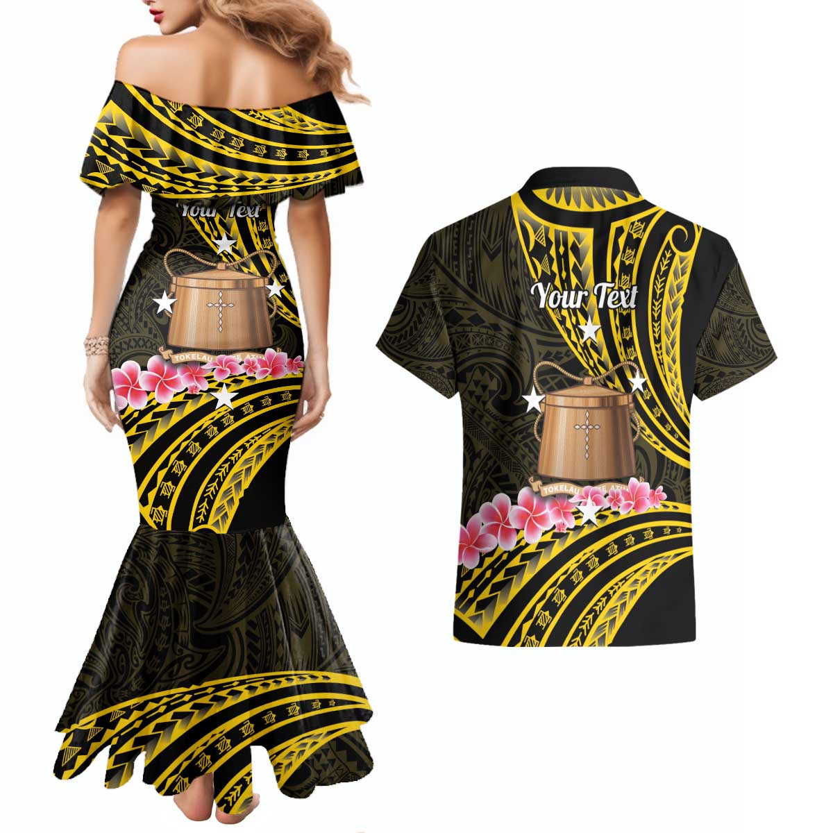 Personalised Tokelau Tokehega Day Couples Matching Mermaid Dress and Hawaiian Shirt Tokelauan Tatau Black Color - Polynesian Pride