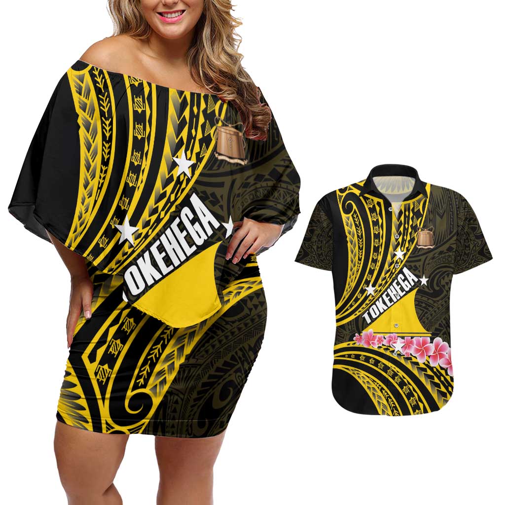 Personalised Tokelau Tokehega Day Couples Matching Off Shoulder Short Dress and Hawaiian Shirt Tokelauan Tatau Black Color - Polynesian Pride
