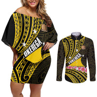 Personalised Tokelau Tokehega Day Couples Matching Off Shoulder Short Dress and Long Sleeve Button Shirt Tokelauan Tatau Black Color - Polynesian Pride