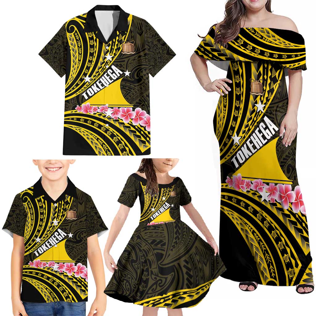 Personalised Tokelau Tokehega Day Family Matching Off Shoulder Maxi Dress and Hawaiian Shirt Tokelauan Tatau Black Color - Polynesian Pride