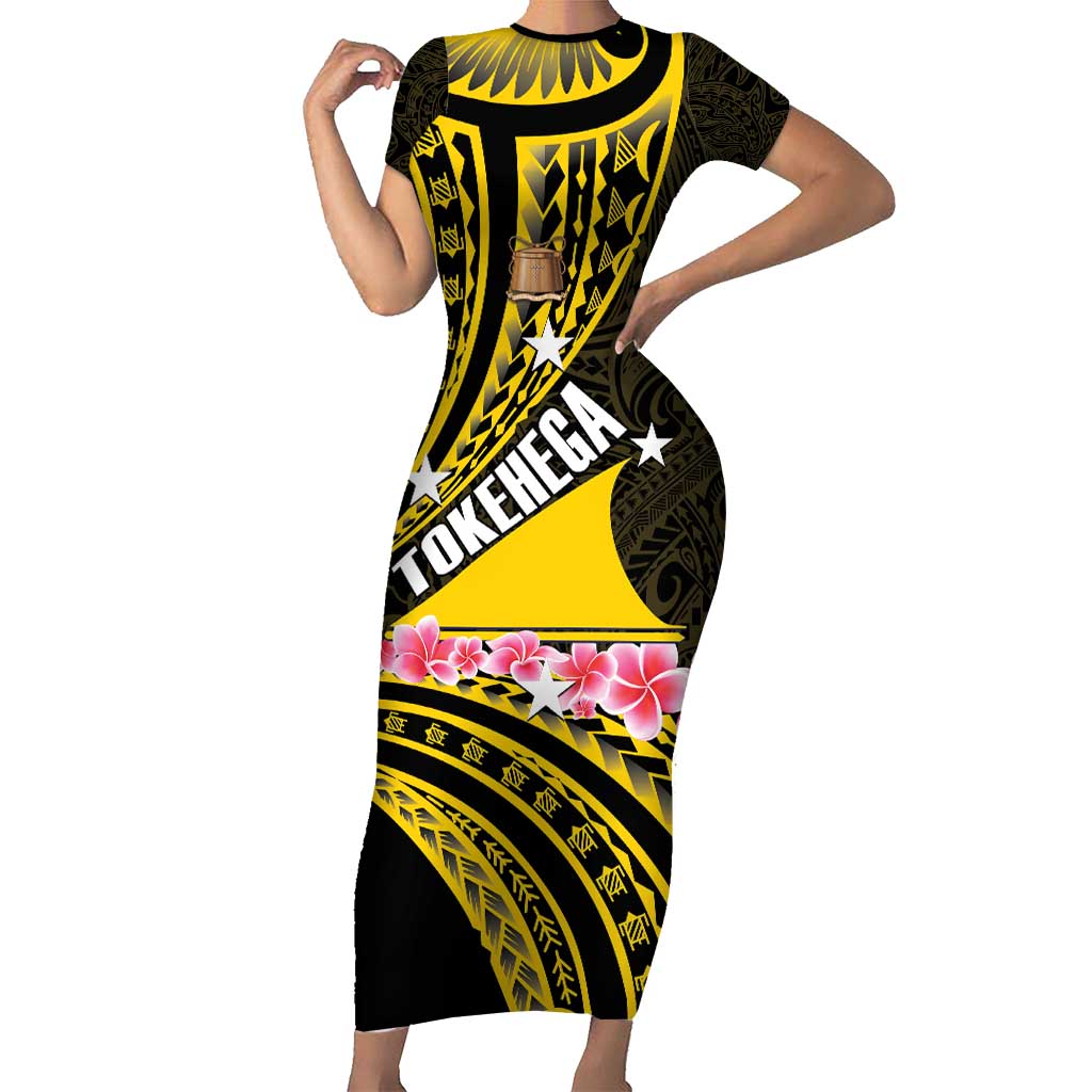 Personalised Tokelau Tokehega Day Short Sleeve Bodycon Dress Tokelauan Tatau Black Color - Polynesian Pride