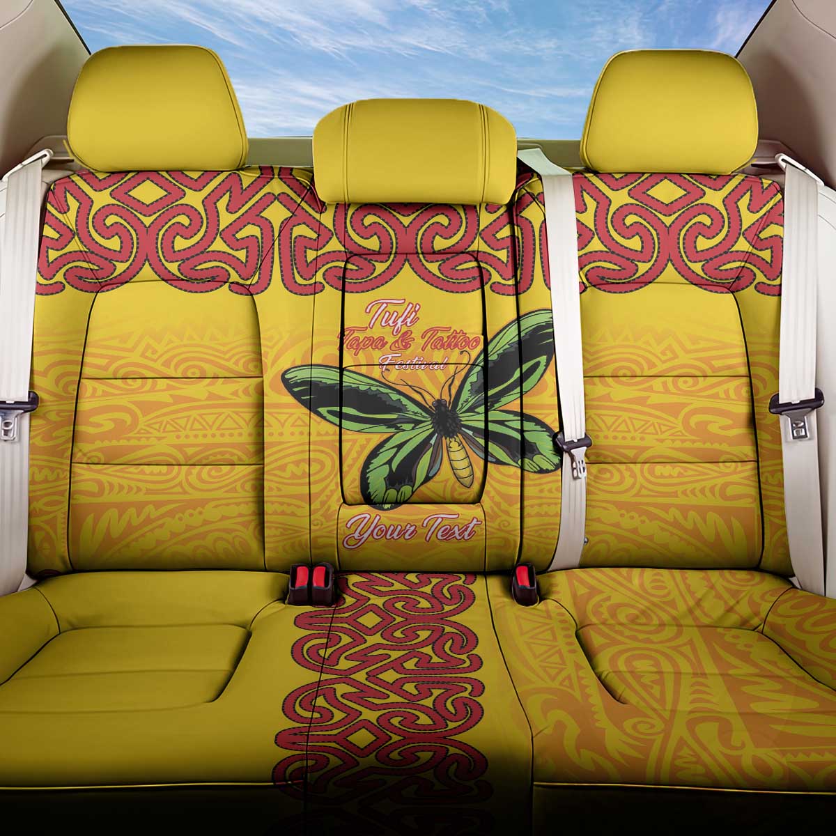 Personalised Tufi Tapa and Tattoo Festival Back Car Seat Cover PNG Oro Butterfly Tapa Pattern LT14 One Size Yellow - Polynesian Pride