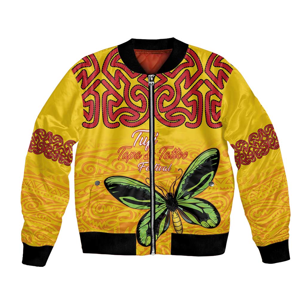Personalised Tufi Tapa and Tattoo Festival Bomber Jacket PNG Oro Butterfly Tapa Pattern LT14 Unisex Yellow - Polynesian Pride