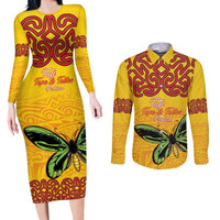 Personalised Tufi Tapa and Tattoo Festival Couples Matching Long Sleeve Bodycon Dress and Long Sleeve Button Shirt PNG Oro Butterfly Tapa Pattern - Polynesian Pride