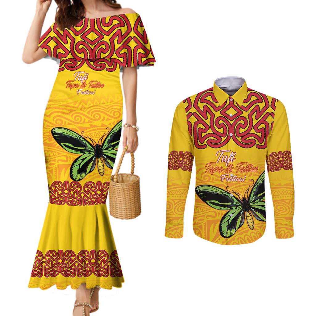 Personalised Tufi Tapa and Tattoo Festival Couples Matching Mermaid Dress and Long Sleeve Button Shirt PNG Oro Butterfly Tapa Pattern - Polynesian Pride