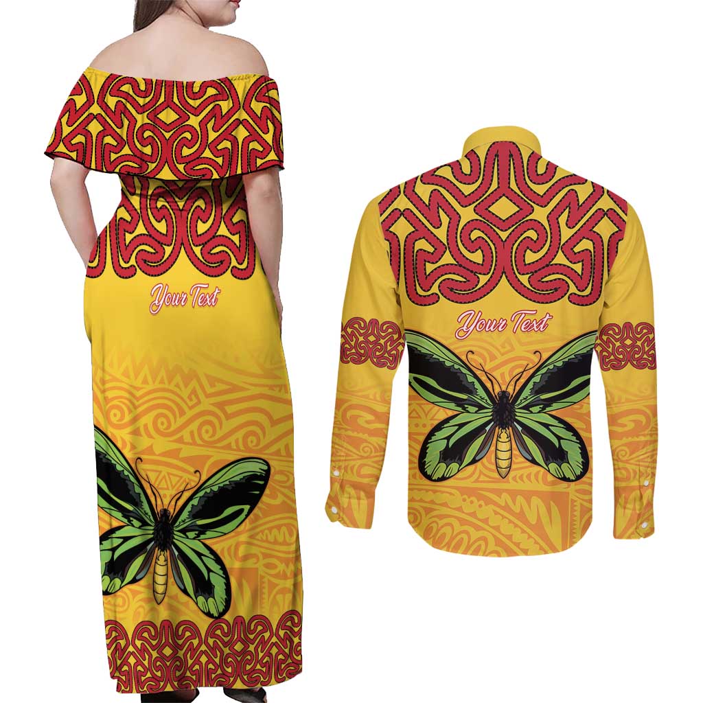 Personalised Tufi Tapa and Tattoo Festival Couples Matching Off Shoulder Maxi Dress and Long Sleeve Button Shirt PNG Oro Butterfly Tapa Pattern - Polynesian Pride