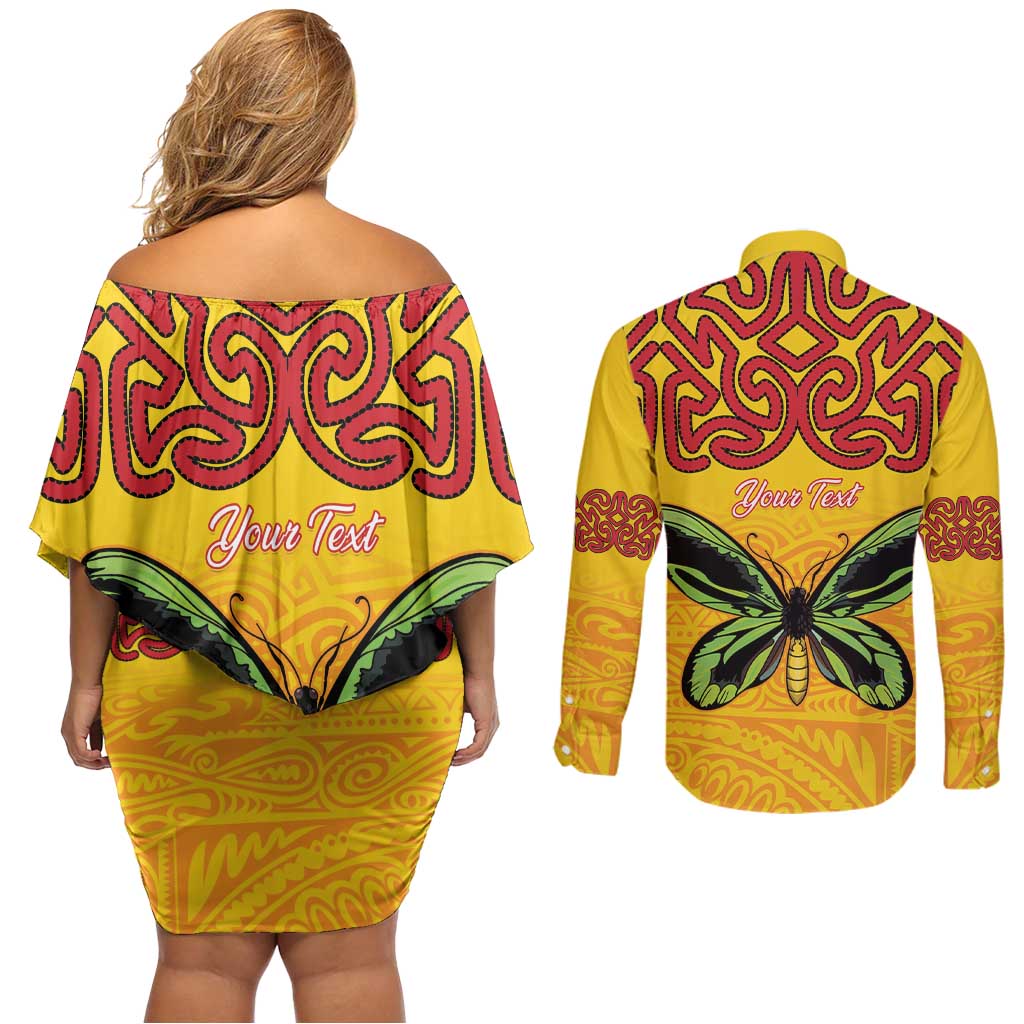 Personalised Tufi Tapa and Tattoo Festival Couples Matching Off Shoulder Short Dress and Long Sleeve Button Shirt PNG Oro Butterfly Tapa Pattern - Polynesian Pride