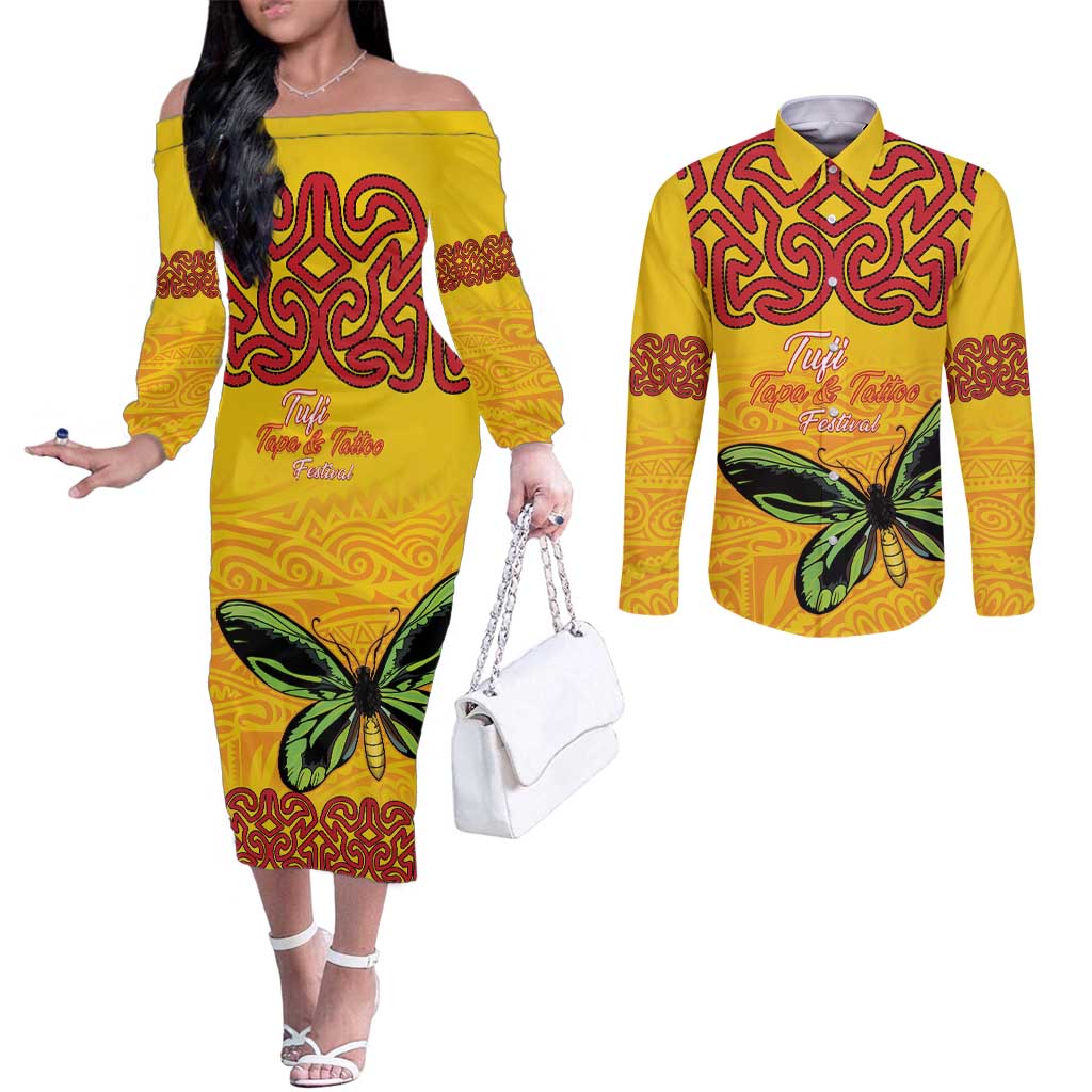 Personalised Tufi Tapa and Tattoo Festival Couples Matching Off The Shoulder Long Sleeve Dress and Long Sleeve Button Shirt PNG Oro Butterfly Tapa Pattern - Polynesian Pride