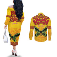 Personalised Tufi Tapa and Tattoo Festival Couples Matching Off The Shoulder Long Sleeve Dress and Long Sleeve Button Shirt PNG Oro Butterfly Tapa Pattern - Polynesian Pride