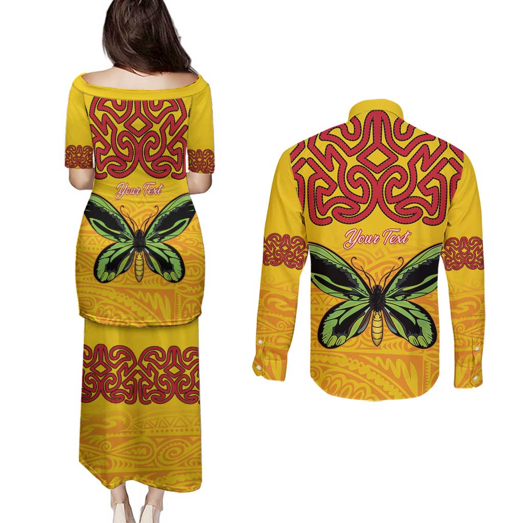 Personalised Tufi Tapa and Tattoo Festival Couples Matching Puletasi and Long Sleeve Button Shirt PNG Oro Butterfly Tapa Pattern - Polynesian Pride