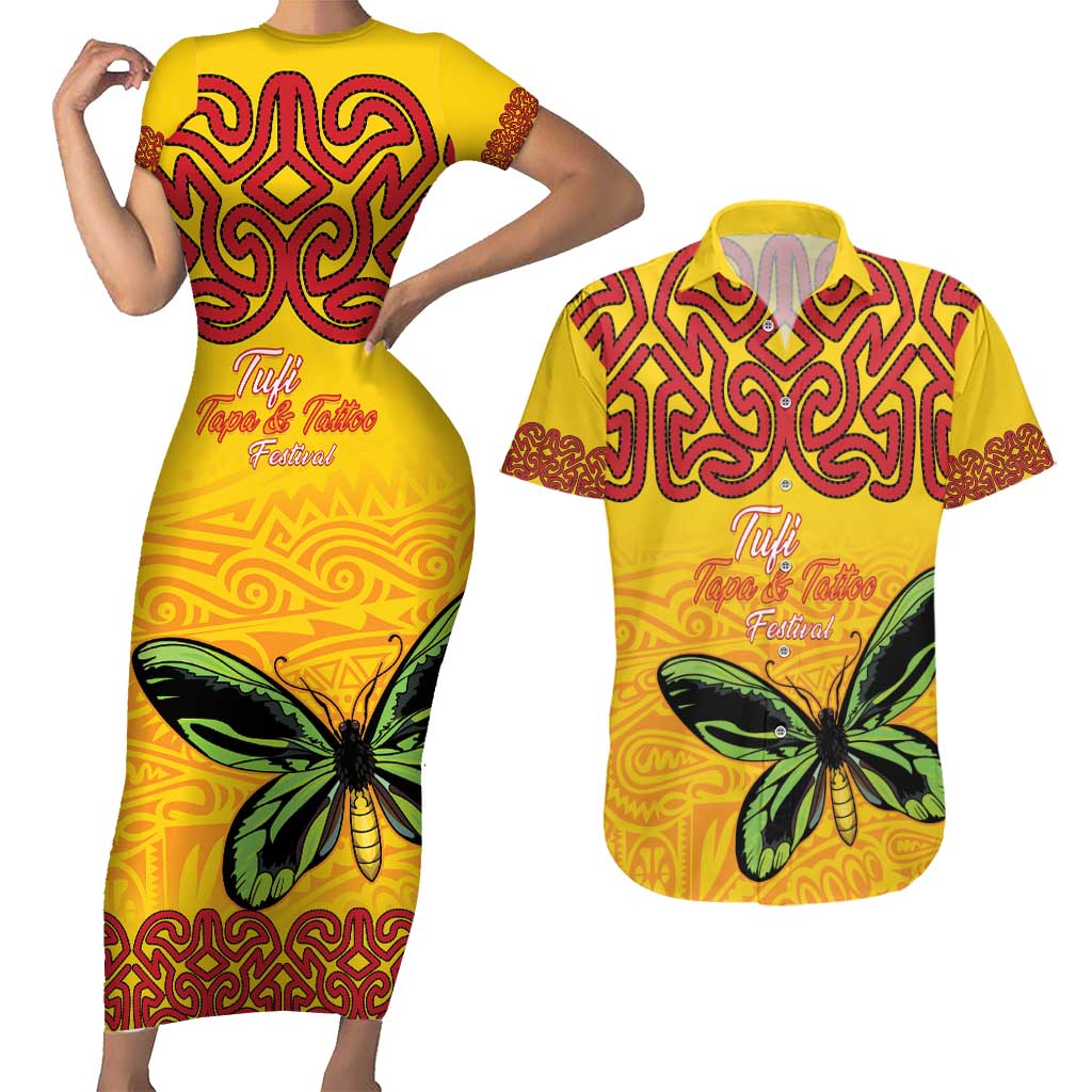 Personalised Tufi Tapa and Tattoo Festival Couples Matching Short Sleeve Bodycon Dress and Hawaiian Shirt PNG Oro Butterfly Tapa Pattern - Polynesian Pride