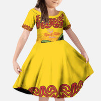 Personalised Tufi Tapa and Tattoo Festival Family Matching Long Sleeve Bodycon Dress and Hawaiian Shirt PNG Oro Butterfly Tapa Pattern LT14 Daughter's Dress Yellow - Polynesian Pride