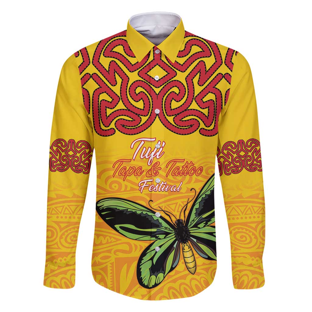 Personalised Tufi Tapa and Tattoo Festival Family Matching Mermaid Dress and Hawaiian Shirt PNG Oro Butterfly Tapa Pattern LT14 Dad's Shirt - Long Sleeve Yellow - Polynesian Pride
