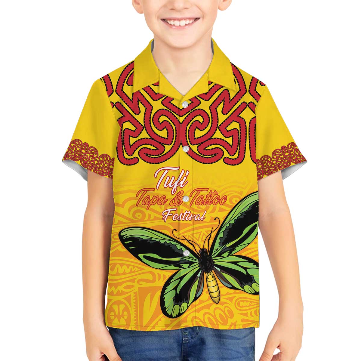Personalised Tufi Tapa and Tattoo Festival Family Matching Off The Shoulder Long Sleeve Dress and Hawaiian Shirt PNG Oro Butterfly Tapa Pattern LT14 Son's Shirt Yellow - Polynesian Pride