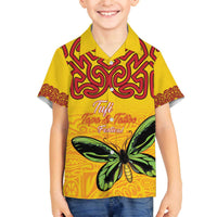 Personalised Tufi Tapa and Tattoo Festival Family Matching Off The Shoulder Long Sleeve Dress and Hawaiian Shirt PNG Oro Butterfly Tapa Pattern LT14 Son's Shirt Yellow - Polynesian Pride