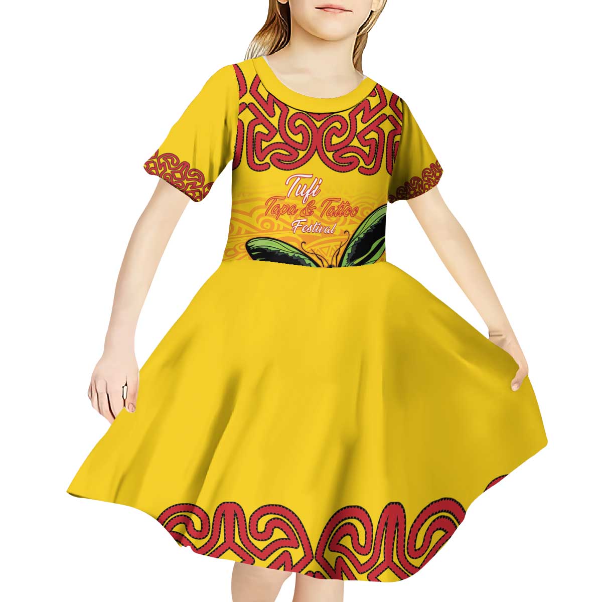 Personalised Tufi Tapa and Tattoo Festival Kid Short Sleeve Dress PNG Oro Butterfly Tapa Pattern - Polynesian Pride