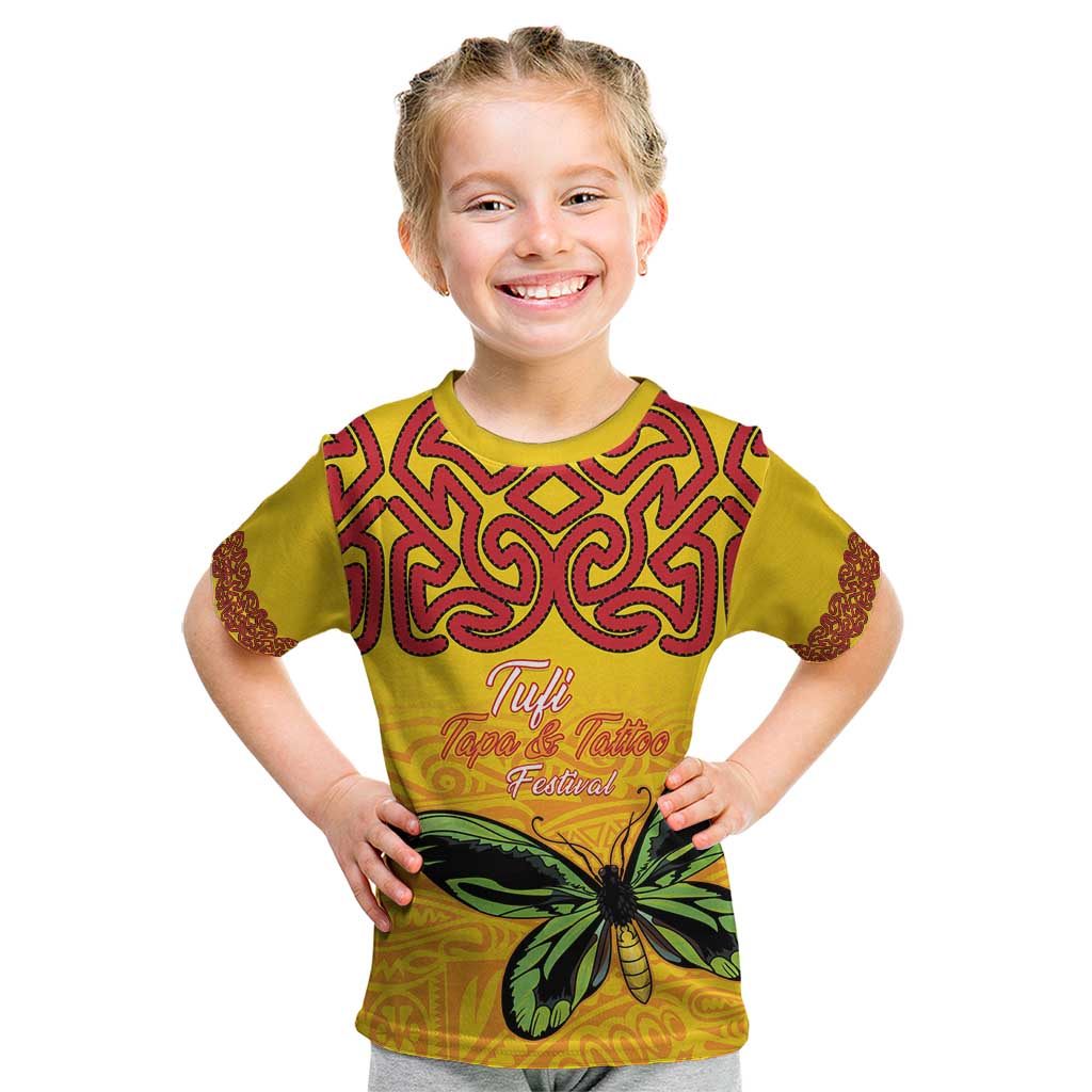 Personalised Tufi Tapa and Tattoo Festival Kid T Shirt PNG Oro Butterfly Tapa Pattern LT14 Yellow - Polynesian Pride