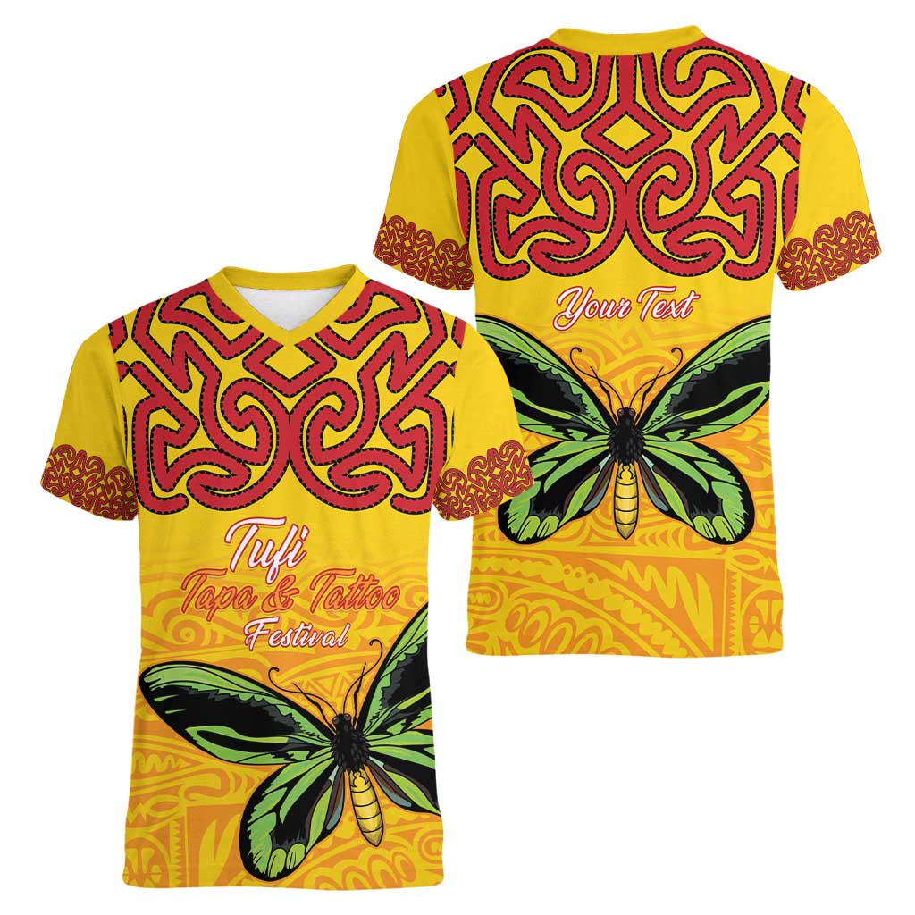 Personalised Tufi Tapa and Tattoo Festival Women V-Neck T-Shirt PNG Oro Butterfly Tapa Pattern - Polynesian Pride