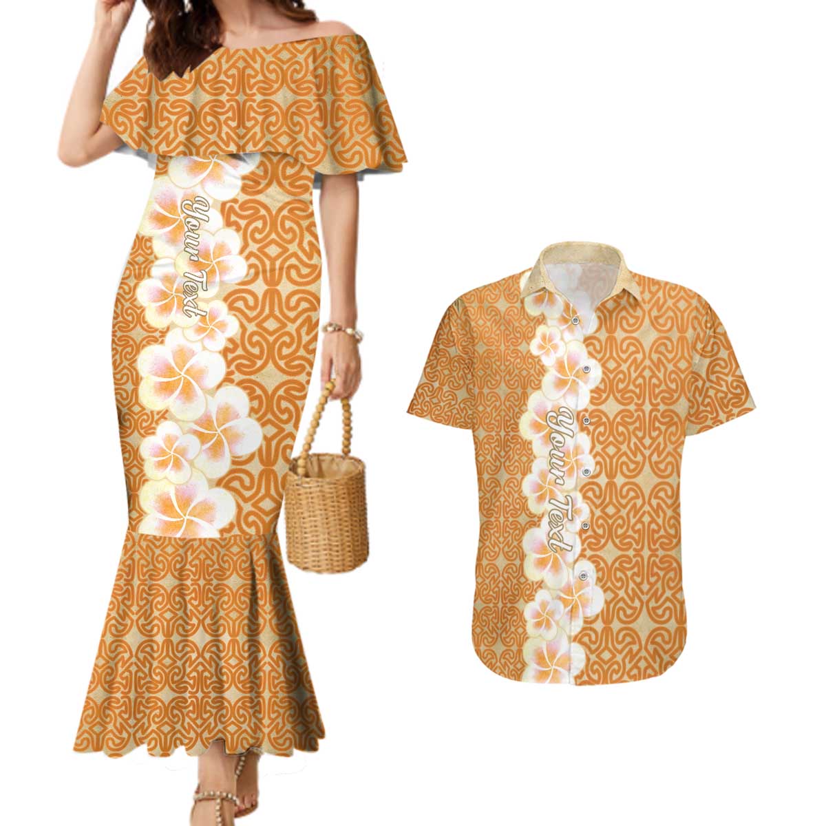Personalised Tufi Tapa and Tattoo Festival Couples Matching Mermaid Dress and Hawaiian Shirt Oro Tapa Cloth With Plumeria - Polynesian Pride